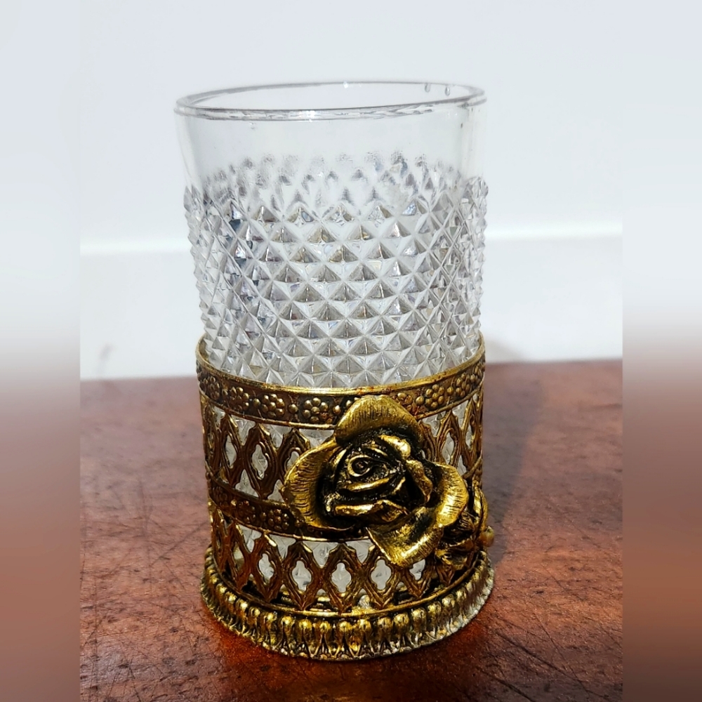 Vintage Stylebuilt Brass Filigree Rose Cup Holder w Original Glass Vanity / Bath